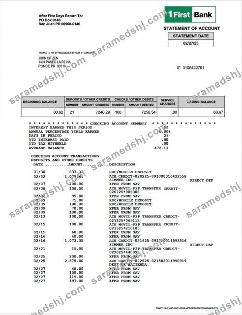 Puerto Rico 1 First Bank statement of account Word and PDF template